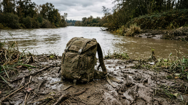 Tactical Backpack Resting on Muddy Riverbank in Autumn Wilderness
