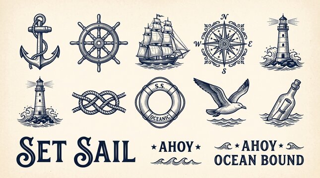 Vintage nautical illustrations set with anchor, ship, lighthouse, and compass. Retro maritime collection of 10 hand-drawn ocean icons. Classic navy blue sea elements for branding and logo design.