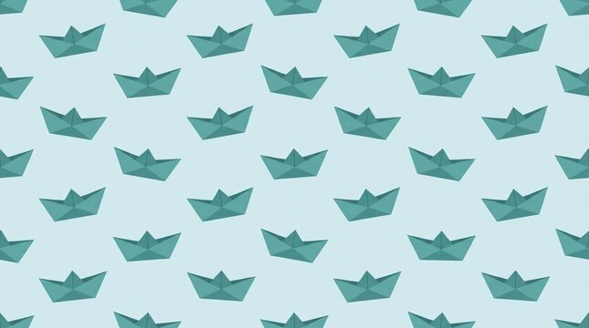 Minimalist paper boat pattern on light blue background, repetitive origami ship wallpaper for nursery decor, nautical teal paper boat seamless texture for gift wrap and creative web design