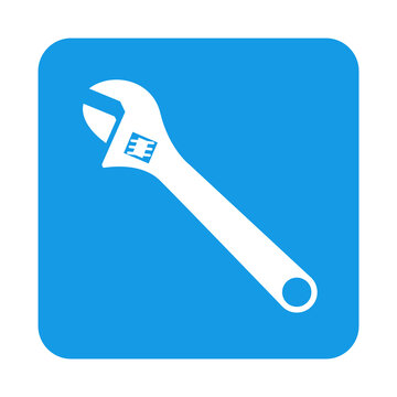 Logo servicio t&eacute;cnico. Icono con dibujo sencillo con la silueta de una llave inglesa en un cuadrado azul. Archivo PNG con transparencia