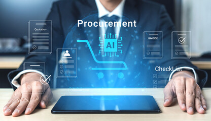 Obraz premium A professional setting showcasing the procurement process utilizing artificial intelligence with digital interfaces, business documents, and a tablet to enhance efficiency and decision-making. Cyphers