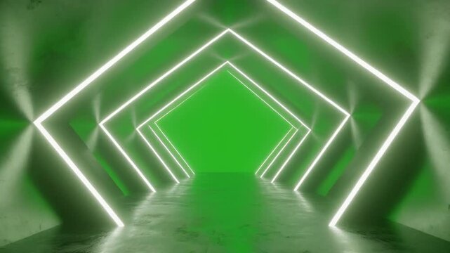Abstract geometric tunnel with neon lights and reflections moving forward in a futuristic environment
