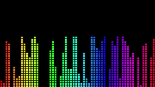 Rainbow audio spectrum analyzer with dynamic equalizer bars moving on dark background.