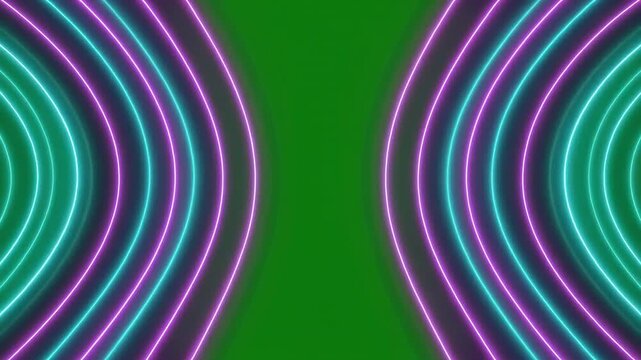 Abstract green background with symmetrical glowing neon ovular shapes in purple and turquoise flowing seamlessly