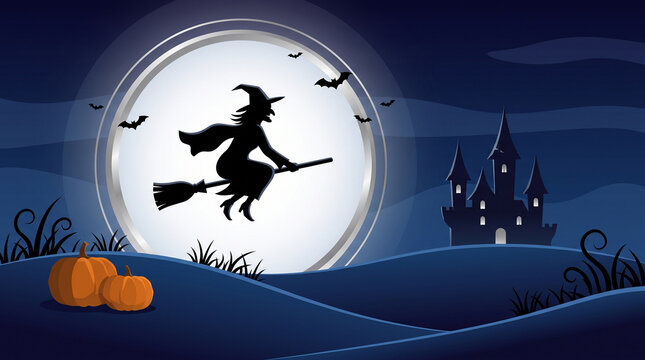 Silhouette of a witch on a broomstick flies across a full moon in a scenic landscape