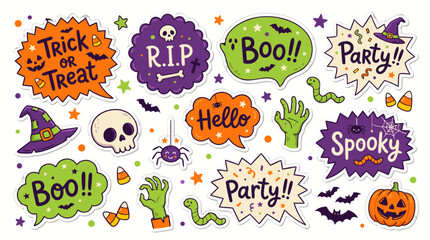 A collection of cute and colorful cartoon Halloween stickers featuring spooky elements and greetings © Shawon