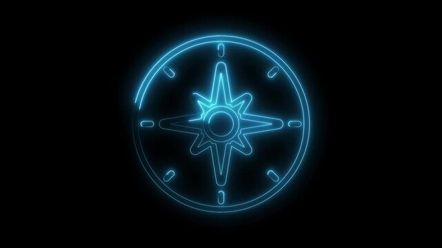 Animated neon compass icon design with glowing blue light effect on black background