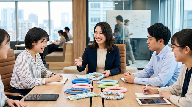会議室にて、テーブルに置かれた様々なカラーのネッククーラーを見ながら、若いチームメンバー数名と生き生きとした笑顔で議論している20代日本人女性社員のクローズアップポートレート