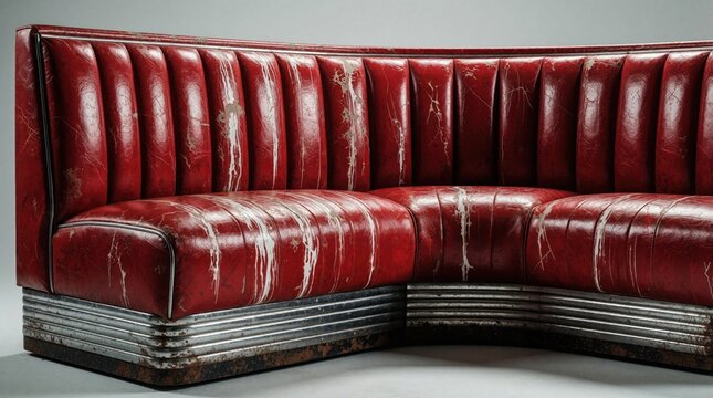 Vintage red diner booth with distressed ribbed upholstery, chrome metal base. Retro american style seating features worn leather texture, industrial design. Classic restaurant furniture piece perfect