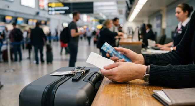 Passenger at airport check-in counter holding a daily pill organizer and baggage receipt next to a suitcase.