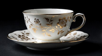 Fototapeta premium Elegant porcelain teacup with gold floral patterns sits on matching saucer. Luxury ceramic tableware features delicate flower design, gold rim. Dark background creates sophisticated mood for tea time