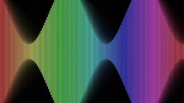 Dynamic rainbow sound equalizer waveform animation featuring rhythmic pulsing light bars against a dark background.