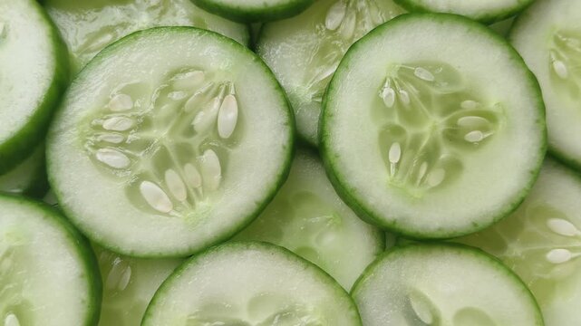 Fresh and organic raw courgette, cylindrica or zucchini vegetable sliced pieces background. Hydrating water-rich fruit with low calorie for healthy summer diet. Closeup spinning or rotating top view.