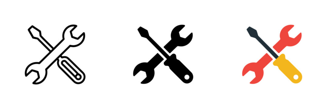 wrench screwdriver icon set with crossed tools for construction, maintenance, and repair