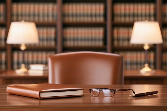 Elegant law office scene with wooden desk closed leather book glasses and pen