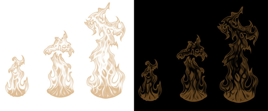 Stylized fire flame illustrations, set of three burning fire icons. Hand-drawn fire elements for game design and fantasy art.