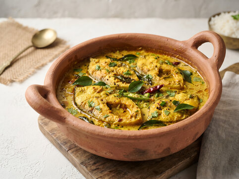 Traditional Indian fish curry served in a clay pot with curry leaves and spices