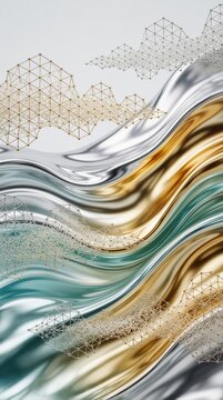 Flowing liquid metal waves in silver and gold mix with geometric wireframe shapes. Abstract background creates modern, luxurious visual for design and decor.