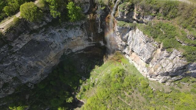 Aerial view of Skaklya Waterfall near village of Zasele, Balkan Mountains, Bulgaria
