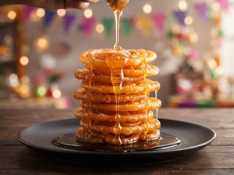 Tall stack of traditional Indian Jalebi sweets with golden sugar syrup pouring over them in a festive celebration setting