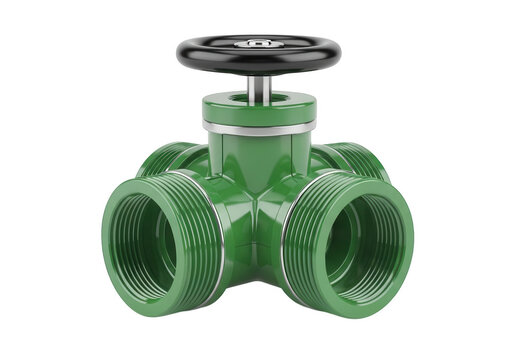 Industrial green metal gate valve with threaded ends isolated on a professional transparent background