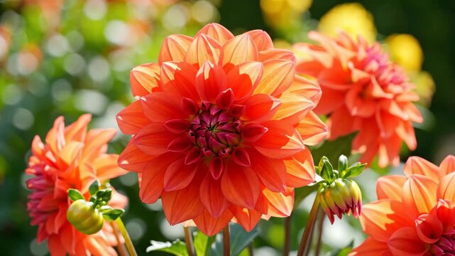 Vibrant orange dahlia flower in full bloom with detailed petals and green garden background.