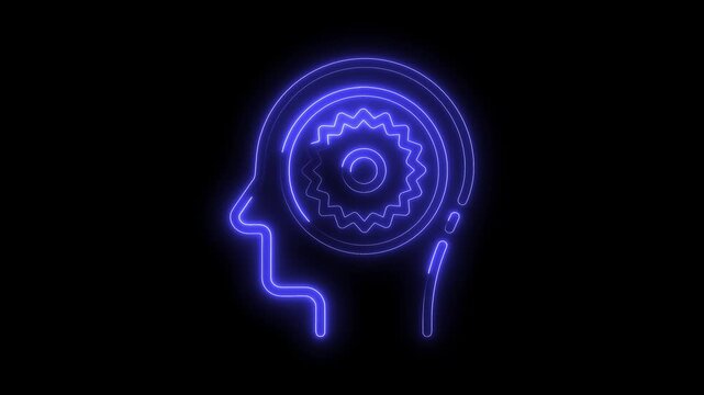 Artificial intelligence and machine learning brain with glowing gear symbol on black background