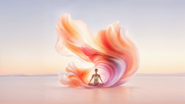 Woman meditating inside flowing coral and pink fluid form. Concept of mindfulness apps, guided meditation courses, stress management services, yoga studios and wellness retreat advertising.