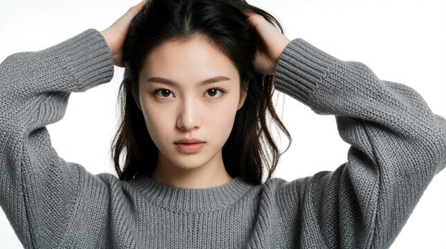 Young brunette woman poses in grey knit sweater against white background. Touches hair, looks directly at camera with serious expression. Studio portrait shows beautiful face skin, natural style for