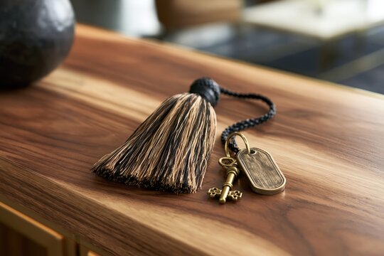 Boutique hotel tassel key fob and vintage key on wood counter