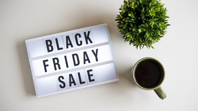 Black Friday Black Friday sale lightbox sign with coffee and green plant on white desk for office retail business promotion concept