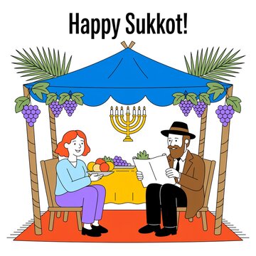 A jewish couple sitting inside a sukkah with fruit and a menorah to celebrate the holiday of... de