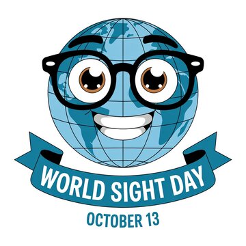 A smiling globe character wearing black glasses with a blue banner for sight day october 13 earth