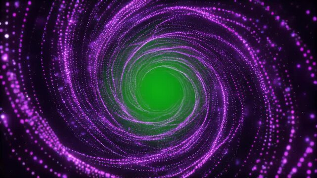 Abstract swirling purple light particles vortex with green core in dark space