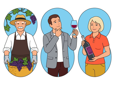 Wine Industry Professionals Set: Vineyard Farmer, Sommelier Critic, and Wine Merchant Illustrations