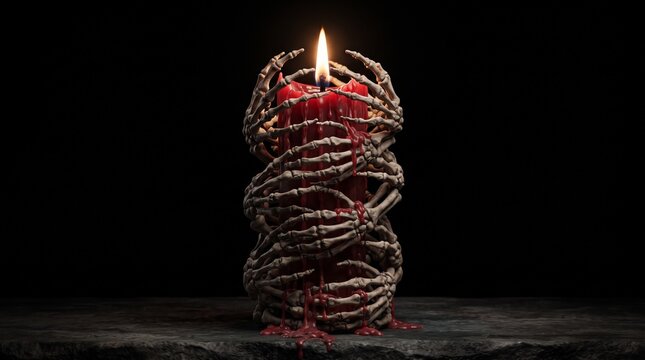 Gothic skeleton hands holding red candle, macabre bone fingers gripping wax, dark occult ritual aesthetic on black background