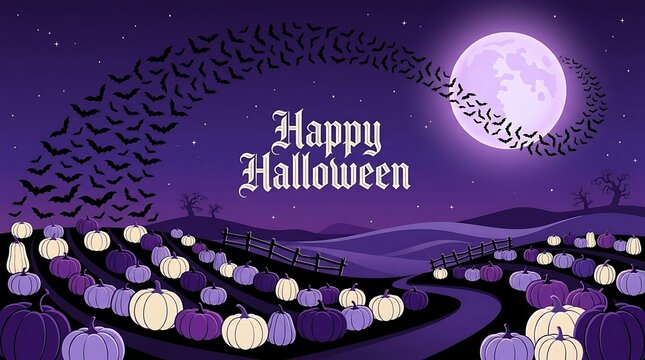 Happy halloween background with a pumpkin patch, swarm of bats, and full moon in a flat vector illustration style