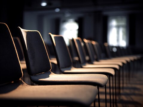 Empty chairs in a dimly lit conference room, ready for an audience or presentation.