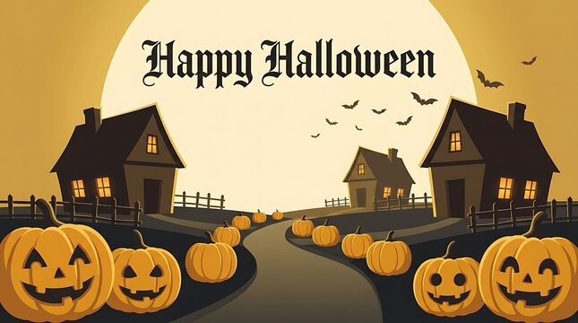 Happy halloween scene with smiling jackolanterns along a path leading to houses under a large full moon