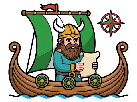 Cartoon viking explorer holding a map on a wooden ship with a green sail and a compass on the side