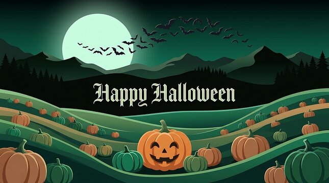 Happy halloween background with a smiling jackolantern in a green pumpkin patch under a full moon