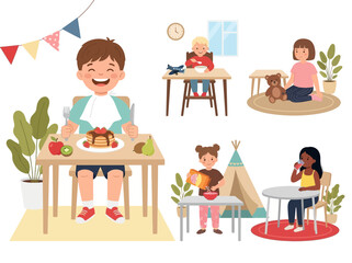 Fototapeta premium Children Daily Routine and Healthy Mealtime Flat Vector Illustration Set