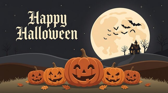 Happy halloween banner with jackolanterns, full moon, and spooky house festive autumn holiday illustration with bats flying in the night sky