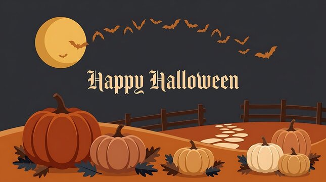 Happy halloween background with pumpkins, full moon, and bats festive autumn scene with a stone path, wooden fence, and fall leaves