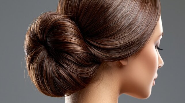 Womans dark brown hair styled in an elegant chignon.