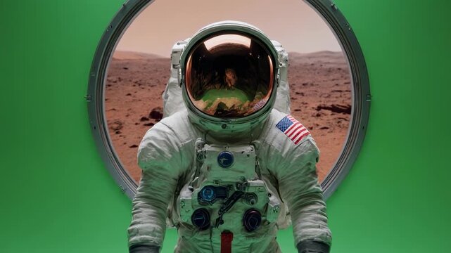 Astronaut standing in a spaceship window overlooking Mars with green screen background cinematic motion