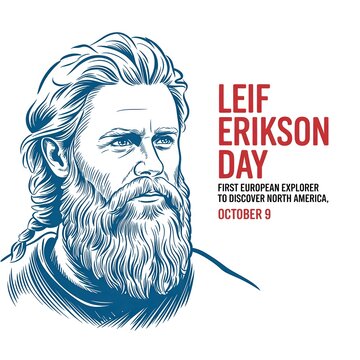 Leif Erikson Day tribute poster features a blue engraved line art portrait of the famous Norse explorer with historical text details.