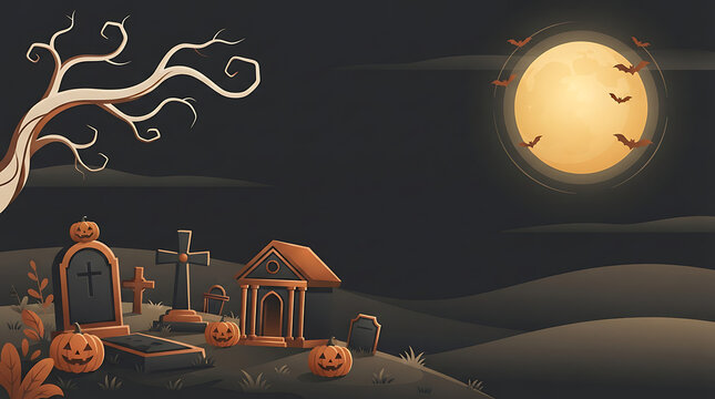 Spooky pixel art halloween scene with pumpkins graveyard and full moon