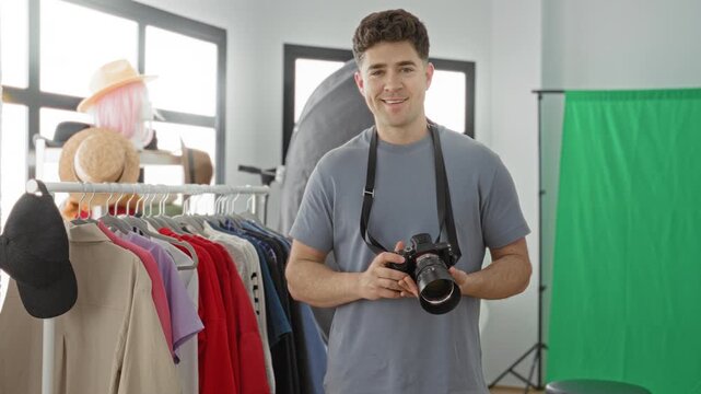 Man photographer holding dslr camera with both hands, smiling, standing by clothing rack, mannequin with hat and green screen in studio; friendly creative workshop.