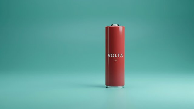Minimalist red battery on bright teal cyan studio background
